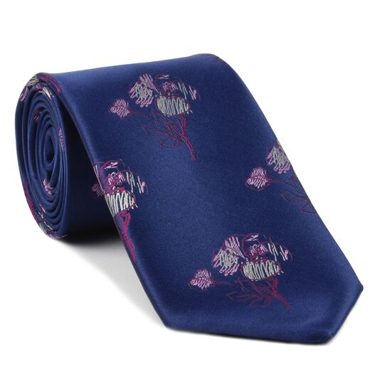 {[en]:Dark Red, White & Pink on Navy Blue Flower Silk Tie