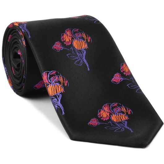 {[en]:Purple, Lavender , Orange & Fuchsia on Black Flower Silk Tie