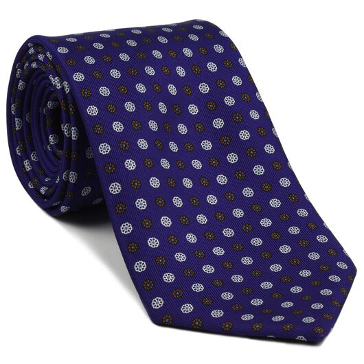 {[en]:Off-White, Sky Blue & Dark Brown on Purple Blue Macclesfield Print Pattern Silk Tie