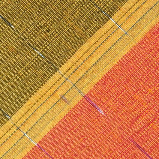Corn Yellow Stripe on Salmon and Dark Yellow With a Thin Metallic Silver Stripe Thai Rough Silk Pocket Square # 11