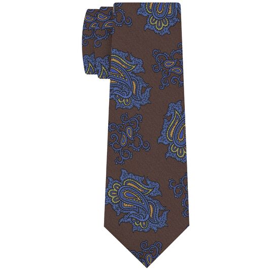 {[en]:Blue, Brown & Olive Green on Chocolate Macclesfield Print Pattern Silk Tie