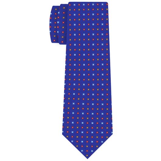 {[en]:Red, Sky Blue, Chocolate & Off-White on Royal Blue Macclesfield Print Pattern Silk Tie