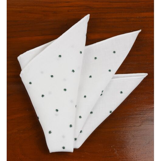 {[en]:Belgian White Linen With Forest Green Embroidered Stars Pocket Square
