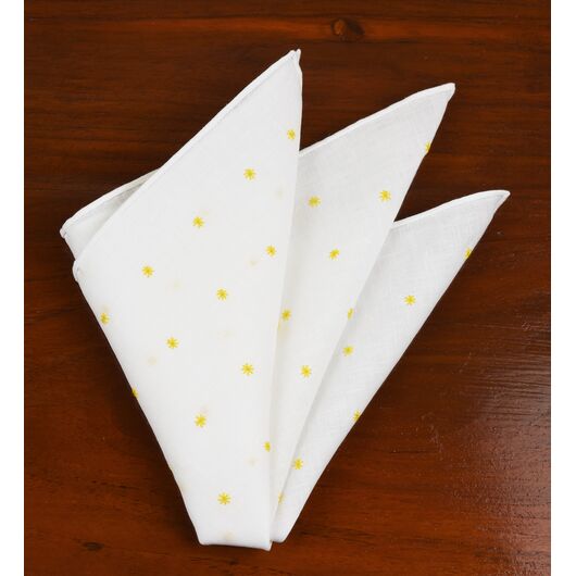 {[en]:Belgian White Linen With Yellow Embroidered Stars Pocket Square