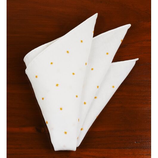 {[en]:Belgian White Linen With Orange Embroidered Stars Pocket Square