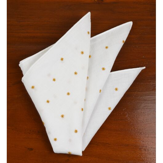 {[en]:Belgian White Linen With Gold Embroidered Stars Pocket Square
