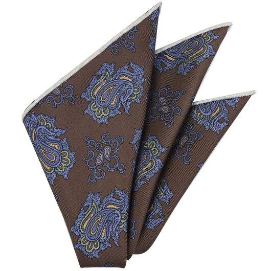 {[en]:Blue, Brown & Olive Green on Chocolate Macclesfield Print Pattern Silk Tie