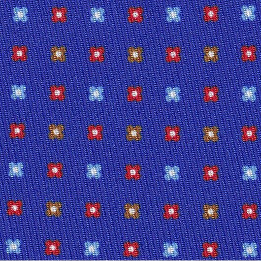 {[en]:Red, Sky Blue, Chocolate & Off-White on Royal Blue Macclesfield Print Pattern Silk Tie