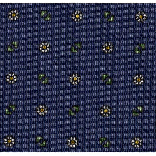 {[en]:Young Leaf Green, Off-White & Yellow Gold on Navy Blue Macclesfield Print Pattern Silk Pocket Square