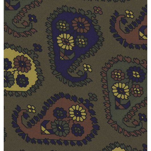 {[en]:Yellow Gold, Blue, Burgundy, Dark Olive Green & Black on Olive Green Print Pattern Silk Pocket Square