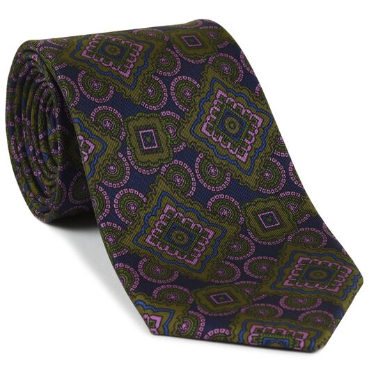 {[en]:Olive Green, Light Lavender, Young Leaf Green on Dark Navy Print Pattern Silk Tie