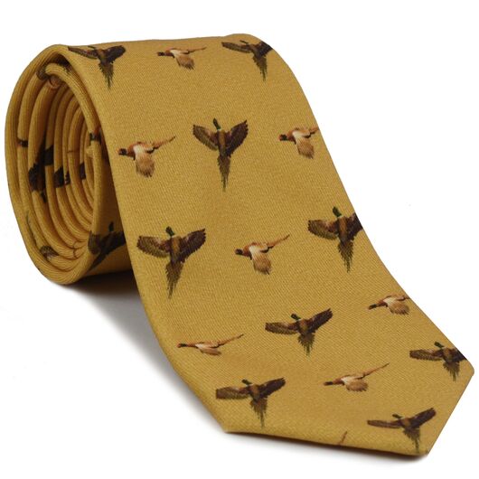 {[en]:Burnt Orange, Dark Chocolate, Brown on Gold Macclesfield Printed Pheasants Wool Tie