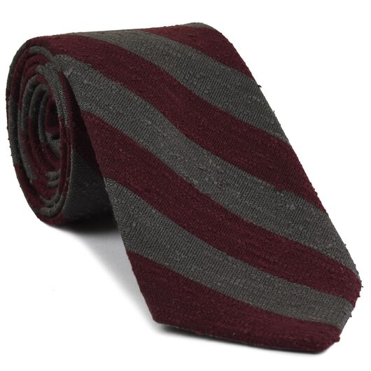{[en]:Burgundy & Charcoal Gray Shantung Wide Stripe Silk Tie