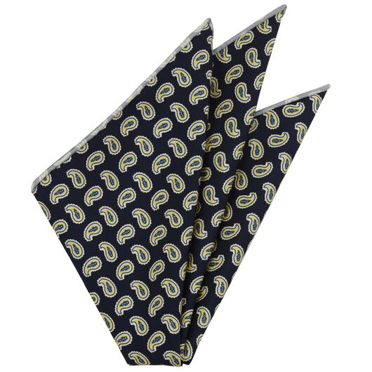 {[en]:Yellow, Off-White & Blue on Midnight Blue Macclesfield Print Pattern Silk Tie
