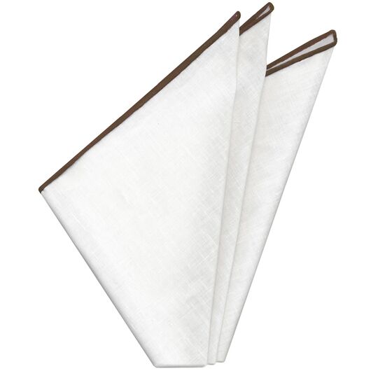 White with Brown Contrast Edges Belgian Linen Pocket Square LLCP#9