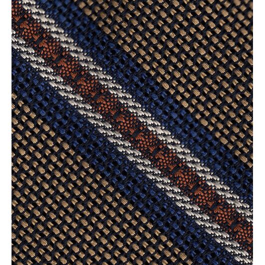 {[en]:Navy Blue, Burnt Orange & Off-White on Gold Grenadine Fina and Grossa Stripe Silk Tie