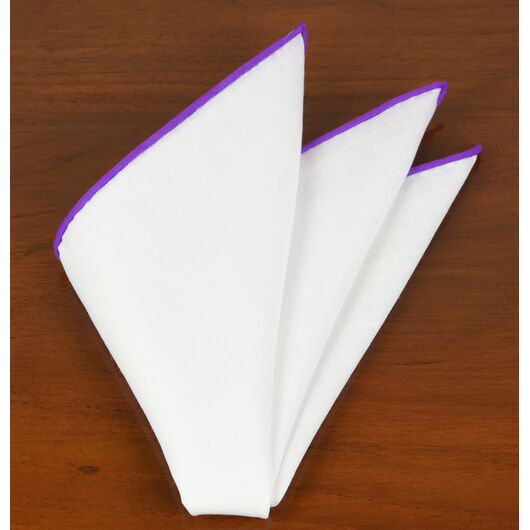 {[en]:White Linen With Purple Contrast Edges Pocket Square