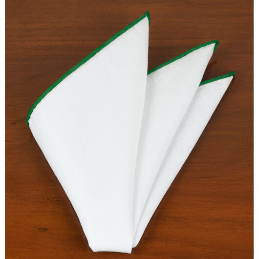 {[en]:White Linen With Forest Green Contrast Edges Pocket Square