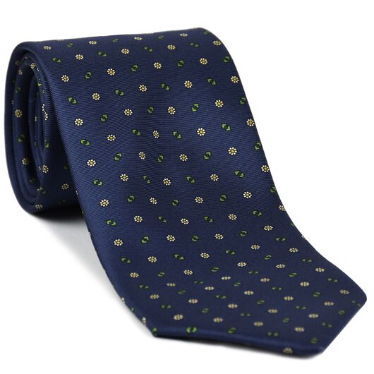 {[en]:Young Leaf Green, Off-White & Yellow Gold on Navy Blue Macclesfield Print Pattern Silk Tie