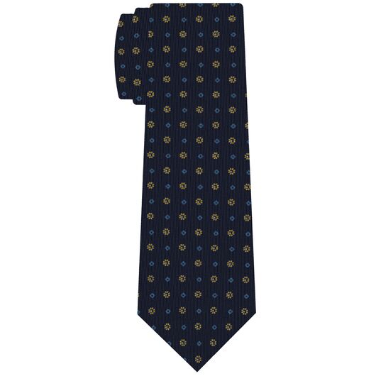 {[en]:Sky Blue, White & Yellow Gold on Dark Navy Blue Macclesfield Print Pattern Silk Tie