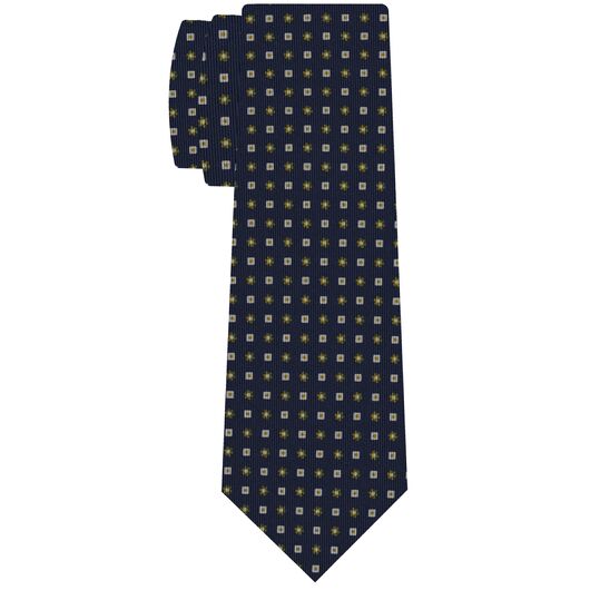 {[en]:White, Yellow Gold & Olive Green on Dark Navy Blue Macclesfield Print Pattern Silk Tie