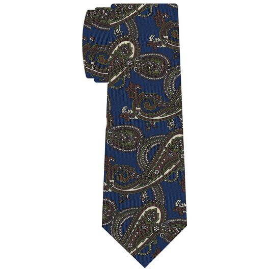 {[en]:Olive Green, Off-White & Chocolate on Blue Macclesfield Printed Silk Tie