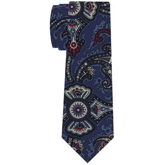 {[en]:Off-White, Red, Light Blue & Midnight Blue on Purple Blue Macclesfield Printed Silk Tie