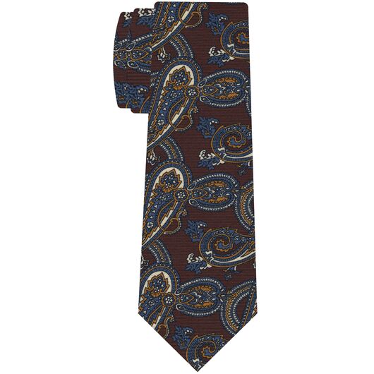 {[en]:Off-White, Yellow Gold & Blue on Chocolate Macclesfield Printed Silk Tie