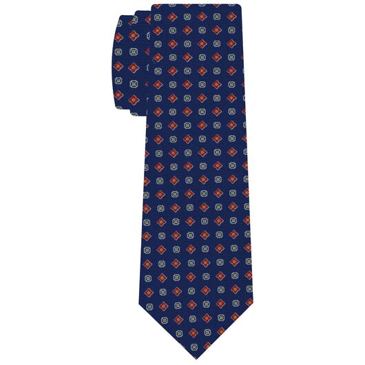 {[en]:Red, Yellow Gold, Blue & White on Royal Blue Macclesfield Printed Silk Tie
