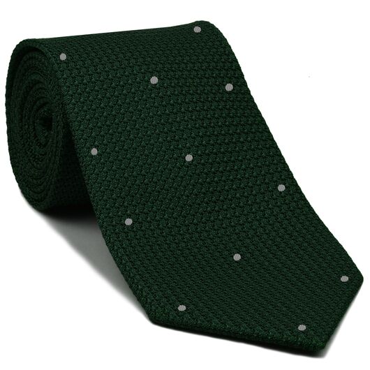 Forest Green Grenadine Grossa with Silver (Hand Sewn) Pin Dots Silk Tie #GGDT-16 (2)