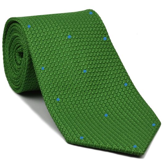 {[en]:Bottle Green Grenadine Grossa with Sky Blue (Hand Sewn) Pin Dots Silk Tie