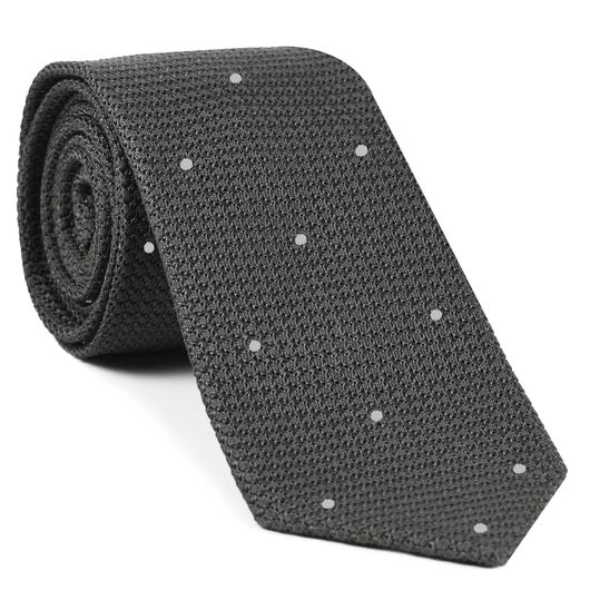 {[en]:Charcoal Gray Grenadine Grossa with White (Hand Sewn) Pin Dots Silk Tie