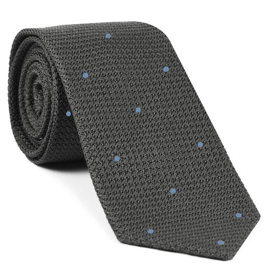 {[en]:Charcoal Gray Grenadine Grossa with Sky Blue (Hand Sewn) Pin Dots Silk Tie