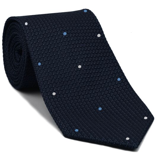 {[en]:Midnight Blue Grenadine Grossa with White & Sky Blue (Hand Sewn) Pin Dots Silk Tie