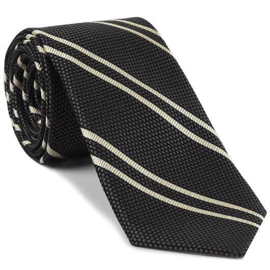 {[en]:Off-White on Charcoal Gray Grenadine Fina Reppe Stripe Silk Tie
