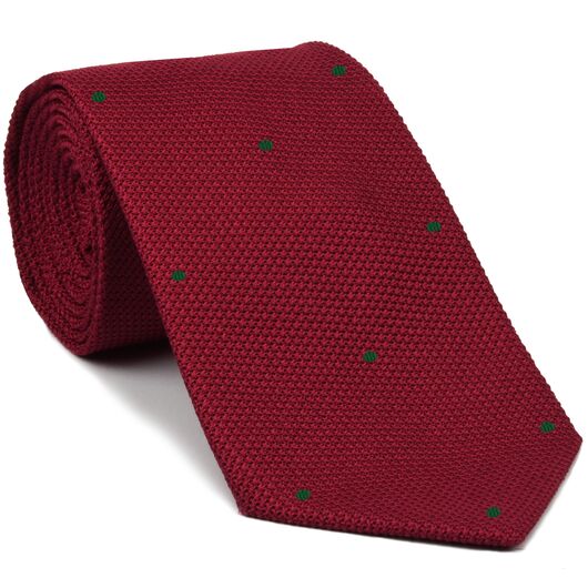 {[en]:Red Grenadine Fina with Forest Green (Hand Sewn) Pin Dots Silk Tie