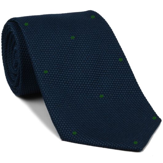 {[en]:Soft Navy Grenadine Fina with Forest Green (Hand Sewn) Pin Dots Silk Tie