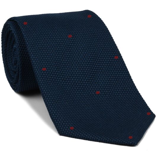 {[en]:Soft Navy Grenadine Fina with Dark Red (Hand Sewn) Pin Dots Silk Tie