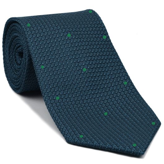 {[en]:Slate Blue Blue Grenadine Grossa with Green (Hand Sewn) Pin Dots Silk Tie