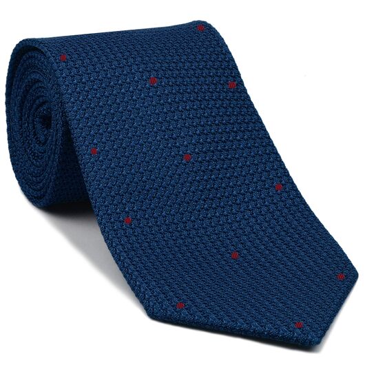 {[en]:Blue Blue Grenadine Grossa with Dark Red (Hand Sewn) Pin Dots Silk Tie
