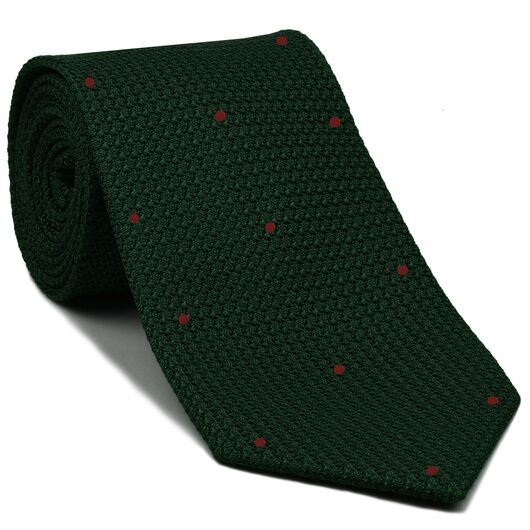 {[en]:Forest Green Grenadine Grossa with Dark Red (Hand Sewn) Pin Dots Silk Tie