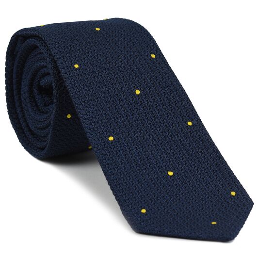 {[en]:Soft Navy Blue Grenadine Grossa with Yellow (Hand Sewn) Pin Dots Silk Tie