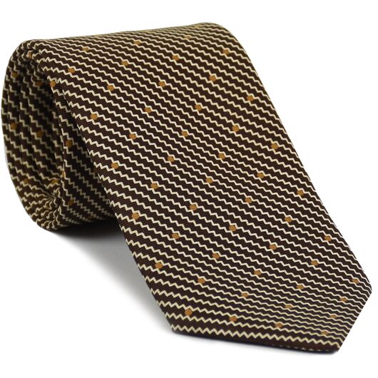 {[en]:Off-White & Gold on Chocolate English Printed Silk Tie