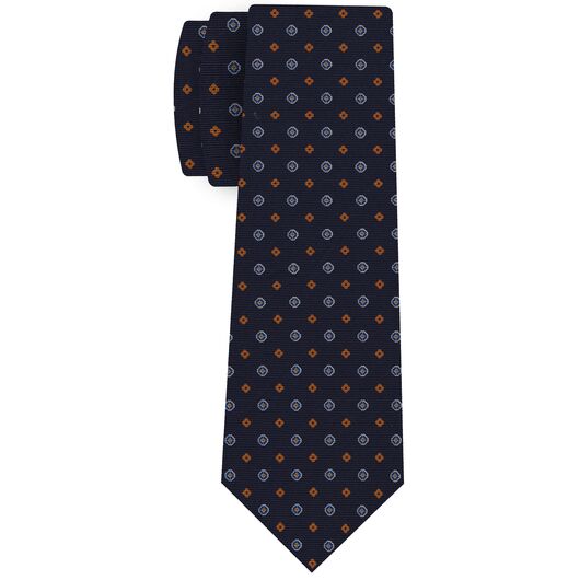 {[en]:Blue, Burnt Orange & Off-White on Dark Navy Blue Print Pattern Silk Tie
