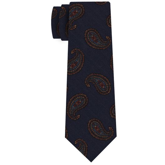 {[en]:Burnt Orange, Sky Blue, Yellow Gold on Dark Blue with a touch of Purple Macclesfield Printed Wool Tie