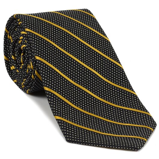 {[en]:Yellow Gold & Off White On Midnight Blue Grenadine Fina Stripe Silk Tie