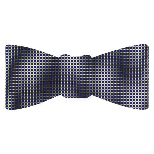 {[en]:Gold, Black & Off White on Navy Blue Printed Silk Bow Tie