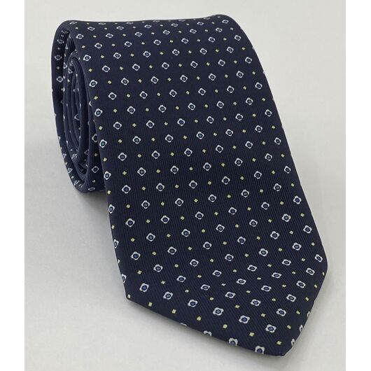 White Sky Blue and Light Yellow on Midnight Blue Print Silk Tie MCT-655
