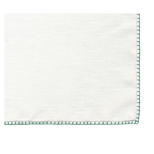 Belgian White Linen Pocket Squares with Bottle Green Hand Sewn Decorative Flat Edges