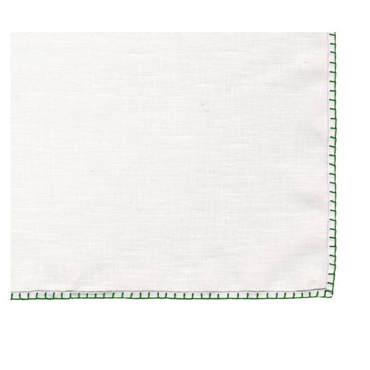 Belgian White Linen Pocket Squares with Green Hand Sewn Decorative Flat Edges